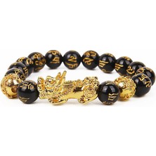 FuhaoshopC Stil B 10MM Feng Shui Siyah Boncuk Alaşım Zenginlik Bileklik Cinsiyetsiz El Bandı Altın Siyah Pixiu Zenginlik ve Iyi Şans Kadın Erkek Bilezik (Yurt Dışından)