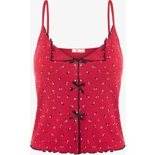 Koza İç Giyim Kadın Ince Askılı Çiçekli Fiyonklu Pamuklu Şortlu Pijama Takımı