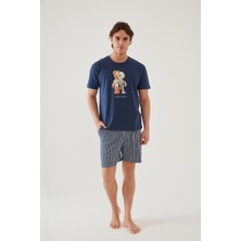 Koza İç Giyim Erkek Pamuklu Mavi Baskılı Cepli Şort Pijama Takımı