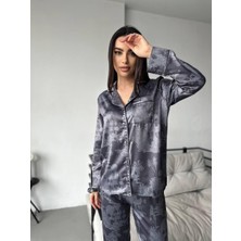 Coccolarsı Koyu Gri Safari Desen Saten Uzun Pijama Takımı