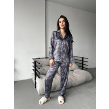 Coccolarsı Koyu Gri Safari Desen Saten Uzun Pijama Takımı