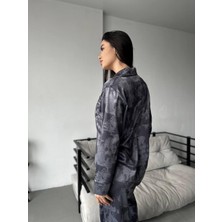 Coccolarsı Koyu Gri Safari Desen Saten Uzun Pijama Takımı