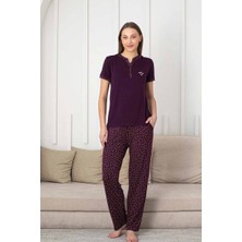 Bie's Kadın Mürdüm Desenli V Yaka 3 Düğmeli Likralı Viskon Kısa Kol Pijama Takımı