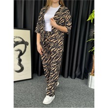 Kadın Kahverengi Zebra Desenli Kimono Bürümcük Alt Üst Takım