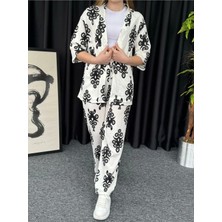 Kadın Beyaz Taç Desenli Kimono Bürümcük Alt Üst Takım