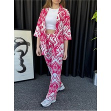 Kadın Pembe Damla Desenli Kimono Bürümcük Alt Üst Takım