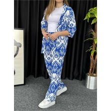 Kadın Mavi Damla Desenli Kimono Bürümcük Alt Üst Takım