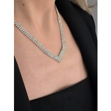 Kristal Taşlı Su Yolu Model Yılbaşı - Abiye - Düğün -Event Kolye Küpe Set