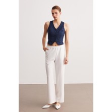 Beyaz Beli Lastikli Yüksek Bel Pijama Pantolon