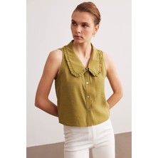 Yeşil Bebe Yaka Kolsuz Modal Bluz