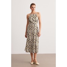 Çok Renkli Halter Yaka Saten Midi Elbise