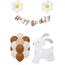 Papatya ve Büyük Boy 3D Beyaz Tavşan Tasarımlı Retro Doğum Günü Seti