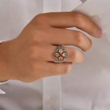 Nusret Takı 925 Ayar Gümüş Damla Taşlı Turuncu Topaz İşlemeli Yüzük
