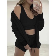 Üçaymoda Kadın Uzun Kollu Ceket, Askılı Peluş Bluz ve Şort Üçlü Takım