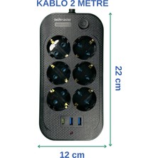 Techmaster 2 USB + Type-C Akım Çocuk Korumalı 6'lı Priz 2 mt Kablo