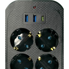 Techmaster 2 USB + Type-C Akım Çocuk Korumalı 6'lı Priz 2 mt Kablo