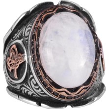 Doğal Ay Taşı Yüzük, 925 Ayar Katı Gümüş Erkek Yüzük - El Yapımı Şıklık