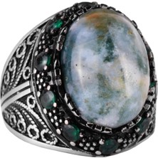 Doğal Saman Agat Taş Yüzük - 925 Ayar Gümüş Erkek Takısı - El Yapımı Yüzük