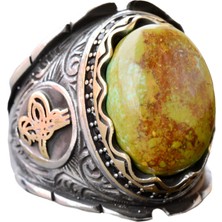 El Yapımı 925 Ayar Gümüş Erkek Yüzük, Arizona Turkuaz Taşı - Karmaşık Osmanlı Işlemeli Tasarım - Özgün Gümüş Yüzük