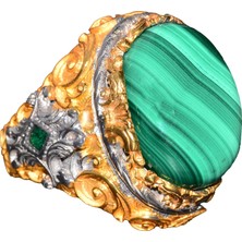 Doğal Malakit Taşı, 925 Ayar Gümüş Büyük Yüzük, Malakit Yüzük, Altın Kaplama