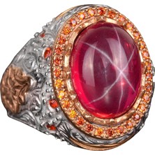 El Yapımı 925 Ayar Gümüş Kral Yüzük, Yıldız Yakut Taş - Erkekler Için Şık Doğal Taş Takı