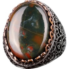 Doğal Kan Taşı Yüzük, 925 Ayar Gümüş Erkek Yüzüğü, Bizans Tarzı Büyük Yüzük