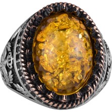 925 Ayar Gümüş Yüzük, Yapay Taş Yüzük, Kartal Sembolü Yüzük, El Yapımı Yüzük (Yapay Amber)