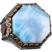 Doğal Taş Yüzük - Sekizgen Tasarım - El Yapımı 925 Ayar Gümüş Takı (Larimar)