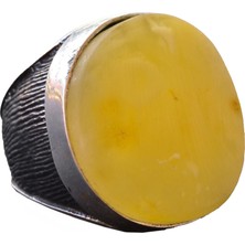 Doğal Bal Kehribar Büyük Yuvarlak Taş Yüzük, 925 Ayar Gümüş Erkek Yüzüğü