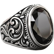 Doğal Obsidyen Taşlı El Yapımı 925 Ayar Gümüş Erkek Yüzük, Karmaşık Bant Tasarımı, Kendine Has Gümüş Yüzük