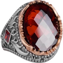 Yapay Taş Yüzük - El Yapımı Erkek Yüzüğü - Zarif 925 Ayar Gümüş Erkek Takısı (Yapay Garnet)