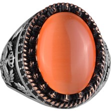 925 Ayar Gümüş Yüzük, Yapay Taş Yüzük, Kartal Sembol Yüzüğü, El Yapımı Yüzük (Yapay Turuncu Kedigözü)