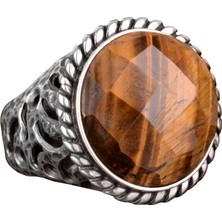 Doğal Kaplan Göz Taşı Yüzük, 925 Ayar Gümüş Yüzük