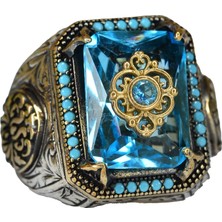 Erkekler Için 925 Ayar Gümüş Yüzük Mavi Topaz Yapay Taşlı