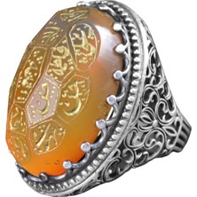Doğal Akik, Şislami Şeriat Yazılı Yüzük - 925 Ayar Gümüş El Yapımı Erkek Büyük Y