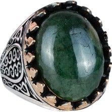 925 Ayar Katı Gümüş Erkek Yüzük Doğal Taşlarla - El Yapımı Şıklık (Cabochon Zümrüt Taşı)