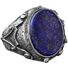 Erkek Doğal Lapis Lazuli Yüzük, 925 Ayar Gümüş, Ortaçağ Tasarımı ile El Yapımı