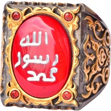 Erkekler Için Gümüş Sultan Yüzük - Islami Tasarım (Kırmızı)
