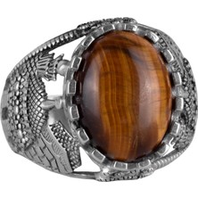 Doğal Kaplan Gözü Taşı Yüzük, 925 Ayar Katı Gümüş Erkek Yüzük, Cesur Tasarım