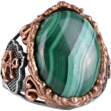 Doğal Malakit Taşlı Yüzük, Denizci Halat Yüzüğü - Canlı 925 Ayar Katı Gümüş Erkek Yüzüğü - Şifa Enerjisi Tasarımı