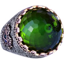 925 Ayar Gümüş Yüzük - Kral Yüzüğü - Yapay Taş Yüzük - El Yapımı Erkek Yüzüğü (Yapay Peridot)