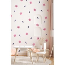 Soft Renklerde Pembe Çiçekler ve Yapraklar Dekoratif Sticker Seti Duvar Kağıdı Görünümlü Sticker