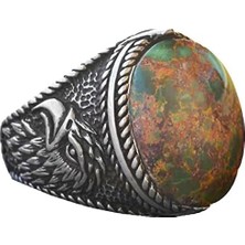 Doğal Yeşil Turkuaz (Firuze) Şahin Tasarımlı Yüzük - 925 Ayar Gümüş El Yapımı Erkek Takısı