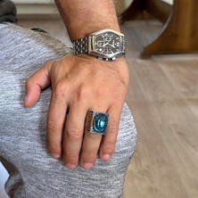 925 Ayar Gümüş Islami Yüzük, Yapay Taş Yüzük, El Yapımı Hat Yazılı Yüzük (Yapay Akuamarin)