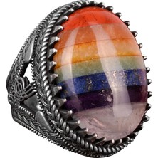 925 Ayar Gümüş Erkek Yüzük, 7 Çakra Doğal Taşı Yüzük, Gökkuşağı Yüzük, Tuğra Yüzük