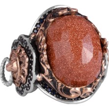 Kahverengi Güneş Taşı Yapay Taş Yüzük, 925K Gümüş Erkek Yüzük, Aslan Sembol Yüzüğü, Gümüş Modaya Uygun Erkek Yüzük