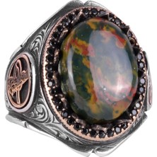 925 Ayar Sert Gümüş Erkek Yüzük Doğal Taşlarla - El Yapımı Zarafet (Yeşil Kan Taşı)