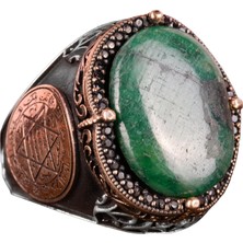 Doğal Cabochon Zümrüt Taşlı Yüzük, Süleyman Mührü Yüzüğü - 925 Ayar Sert Gümüş Yüzük