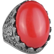 925 Ayar Gümüş Yüzük - Gül Desenli Yüzük - Doğal Olmayan Taş Yüzük (Üretilmiş Mercan)