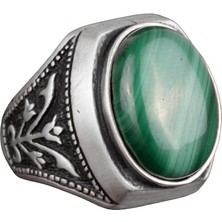 Doğal Malakit Taşlı Gümüş Erkek Yüzük, 925 Ayar Gümüş Yüzük